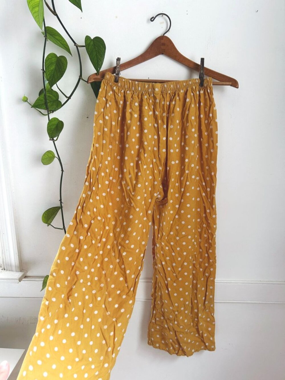 Polka Dot Mustard Yellow Wide-Leg Elastic Waist Pants Lightweight XS S Flowy Boh - Picture 5 of 8